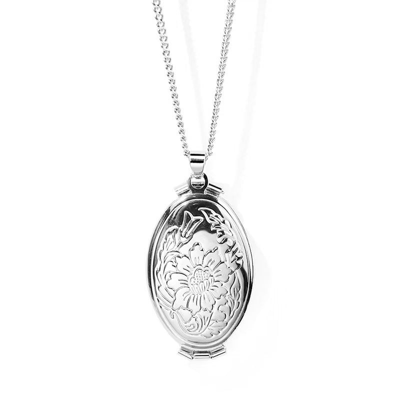 Custom Oval Photo Locket Necklace Expands to Hold 4 Photos with Flower Engraving,Personalized Jewelry for Her