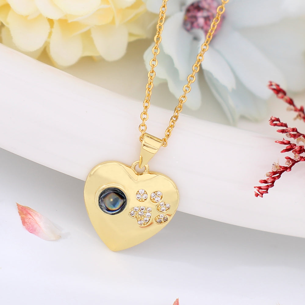 Personalized photo pendant with picture inside the stone - Heart necklace with zircon dog paws, gifts for ladies