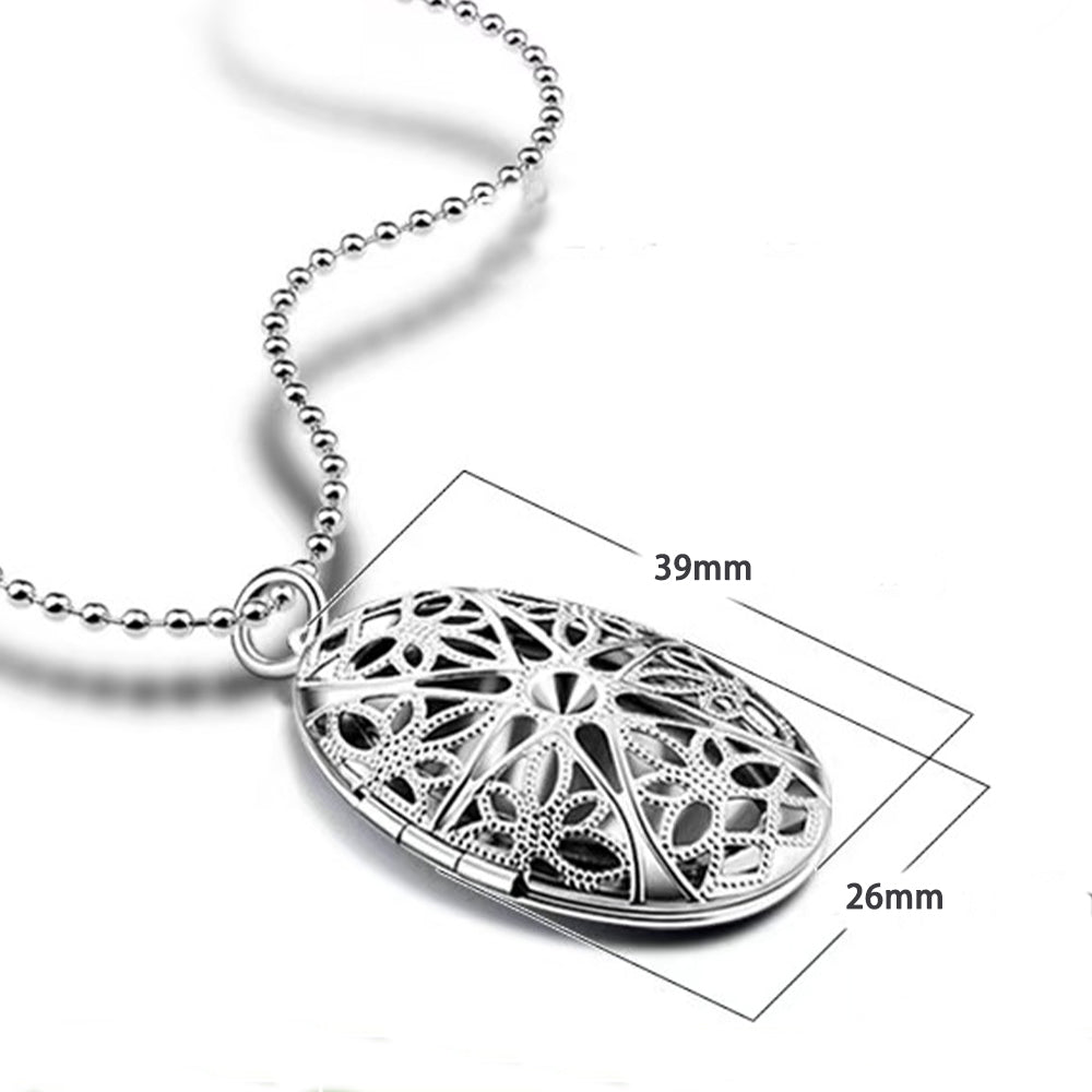 High-Quality Platinum-Plated Oval Photo Locket Necklace - Hollow Vintage Celtic Star Flowers Design, Custom Photo & Text, Memory Gifts for Men Women