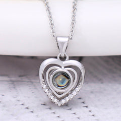 Custom 925 Silver Projection Necklace with Photo & Word Inside - Heart of Heart Pendant, Memory Gift for Women