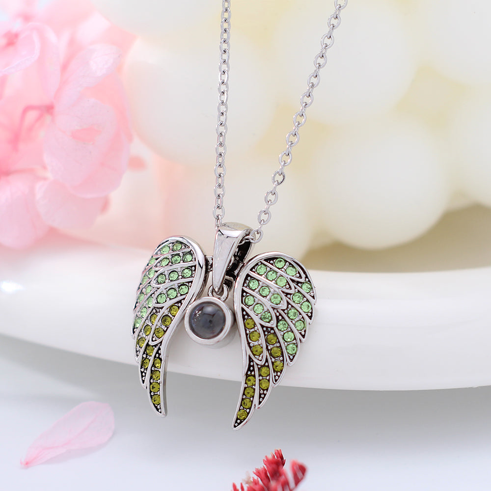 Personalized custom photo necklace - Heart-shaped wing pendant with a photo inside the stone, which can be unfolded