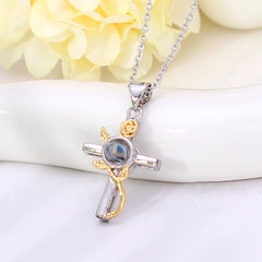 925 Silver Personalized Photo Necklace - Elegant Classic Style Cross Wrapped with Golden Rose Vine and Rose Pendant.