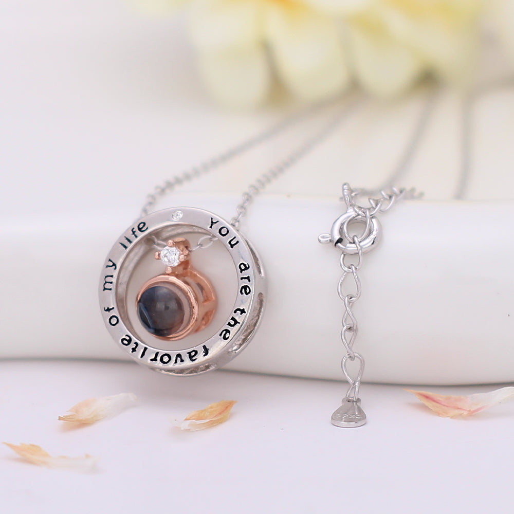 Custom Couple Necklaces with Photo Words Inside - Round Pendant with "You are the favorite of my life", Memory Gift for Lover BFF