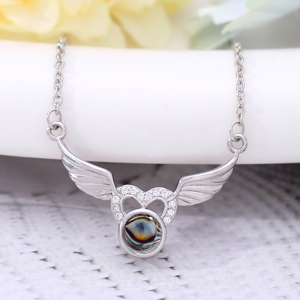 Custom 925 Silver Projection Necklace with Photo Word Inside -  Angel Wings Pendant, Memory Gift for Women