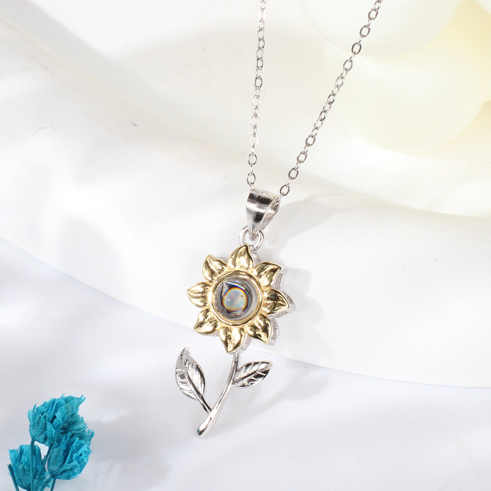 925 silver Personalized nano-engraved memory necklace - Golden sunflower pendant with photo inside,A gift for ladies.