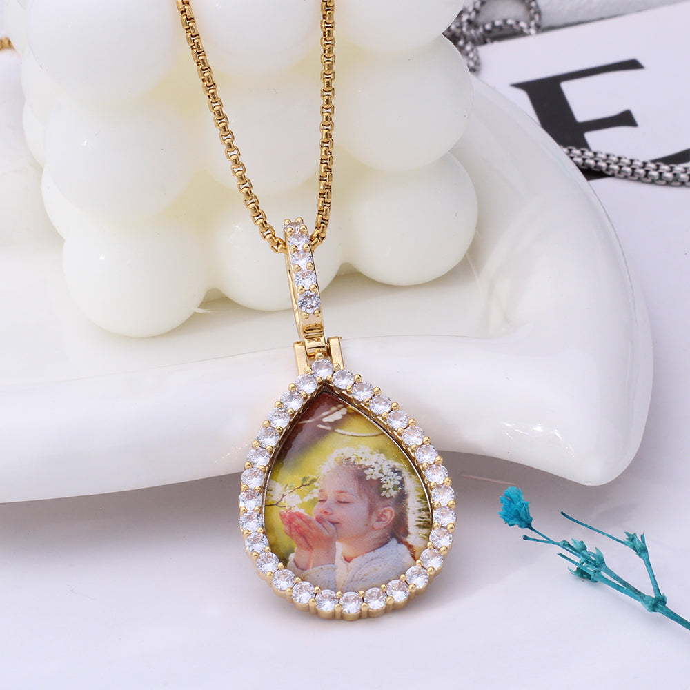 Personalized Photo Necklace - Teardrop Pendant with Zircon Border, Custom Picture Medallion, Perfect Gift for Him and Her