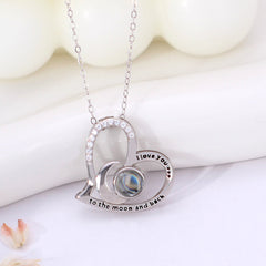 personalized sterling silver Projection Necklace with picture Word Inside - Moon Heart Pendant, Memory Gift for Women