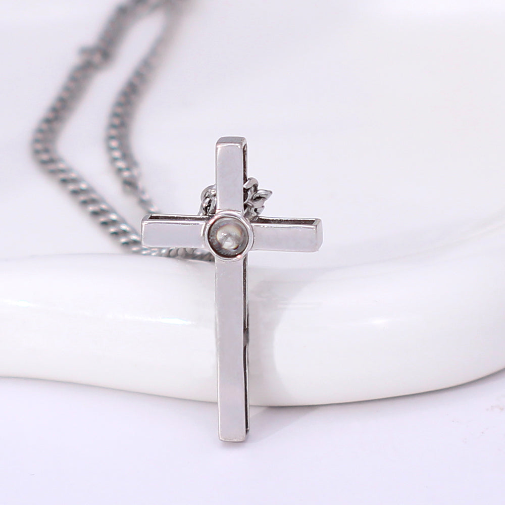 925 Silver Personalized Photo Projection Necklace - Minimalist Cross Pendant for Men