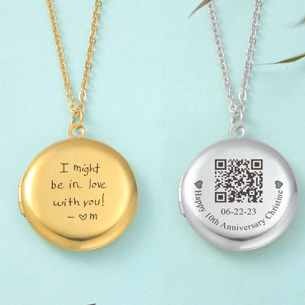 Simple Round Photo Locket Necklace - Custom 2 Photos & Engraving, Polished Finish,Unisex Memory Gift