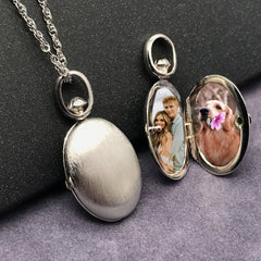 925 Silver Brushed Finish Oval Locket Necklace – Custom 2 Photos & Text, Choose Chain Style and Length, Personalized Gift for Women Men