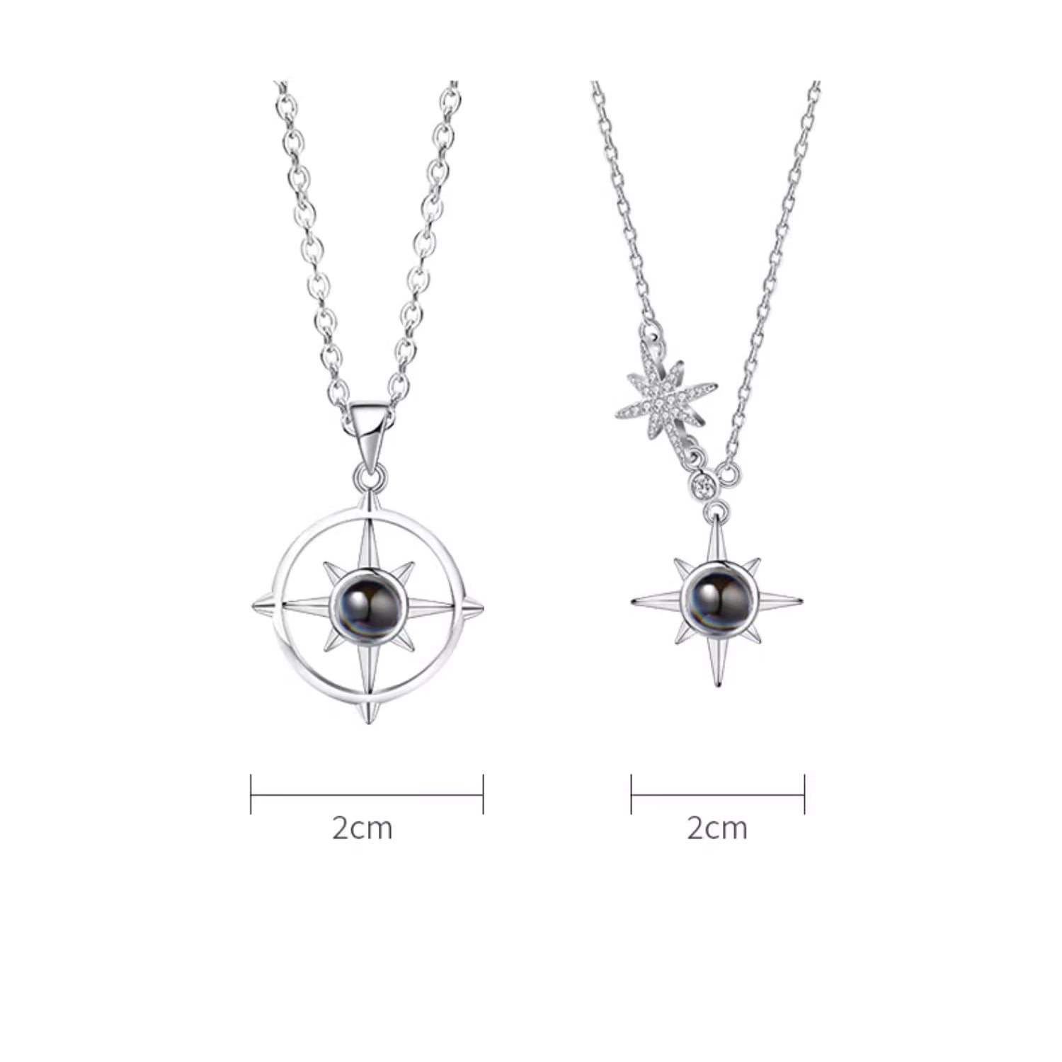 Custom Silver Couple Necklaces with Photo & Words Inside - Eight-Pointed Star Compass Pendant, Anniversary Gift for Lover BFF