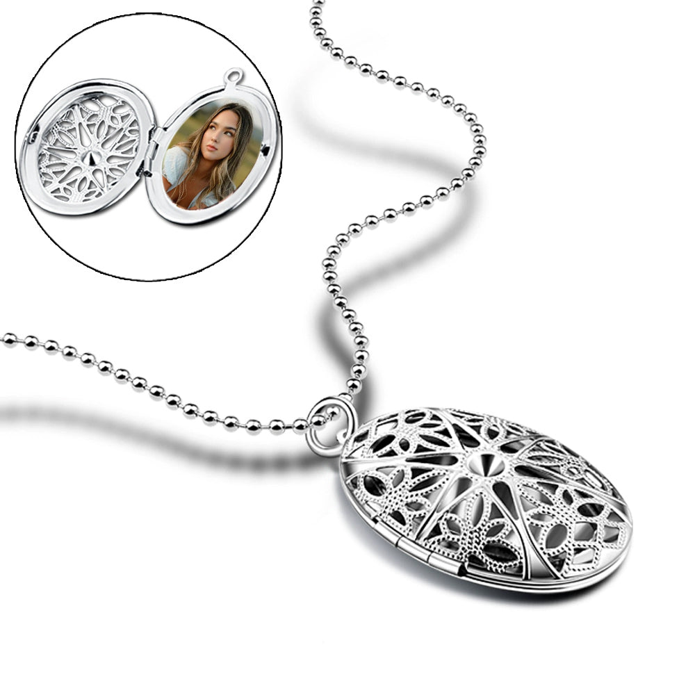 High-Quality Platinum-Plated Oval Photo Locket Necklace - Hollow Vintage Celtic Star Flowers Design, Custom Photo & Text, Memory Gifts for Men Women