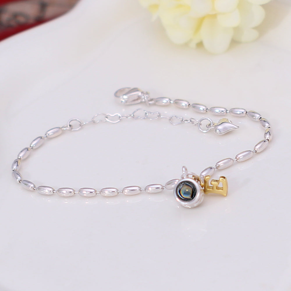 Silver Bead Bracelet with Picture Projection  – Letter and Round Pendant for Her