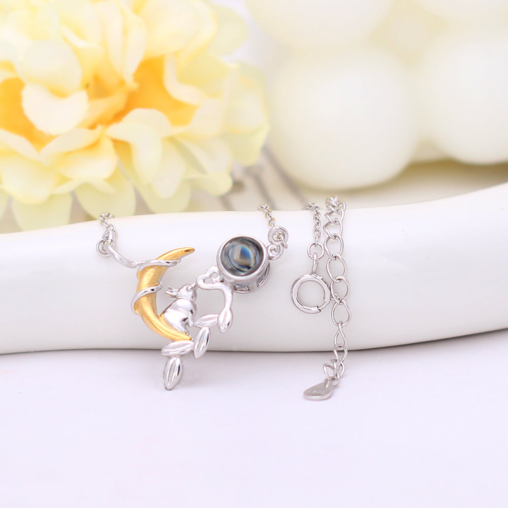 925 Silver Personalised Projection Necklace with Photo and Text Inside - Rabbit, Moon, Twigs Pendant,Custom Gift for Her