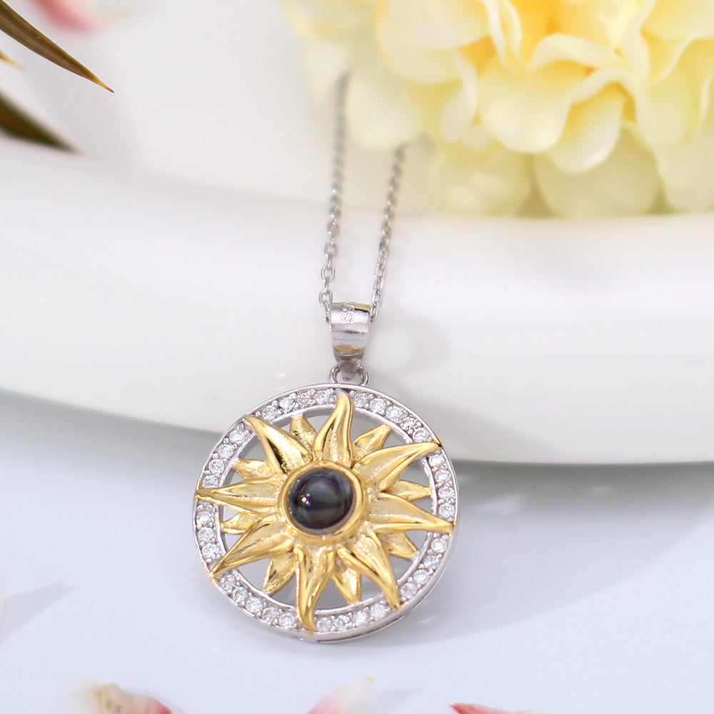 Personalised Memory Necklace with picture - 925 Silver Art Deco Style Golden Sun Pendant in Zirconia Ring