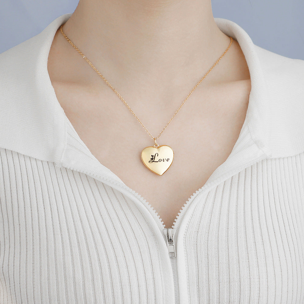 Minimalist Heart Magnetic Photo Locket Necklace with 'Love' Lettering - Custom Photo & Message - Personalized Anniversary Gift For Her