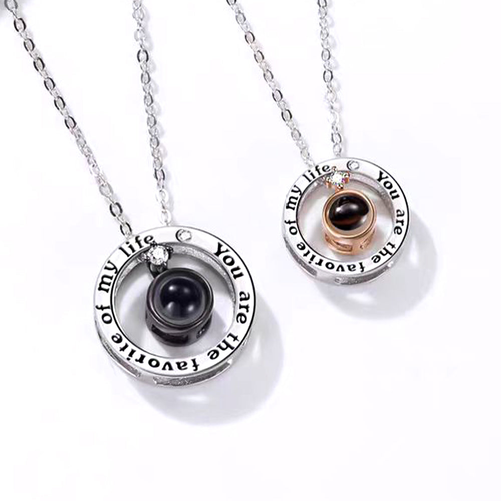 Custom Couple Necklaces with Photo Words Inside - Round Pendant with "You are the favorite of my life", Memory Gift for Lover BFF