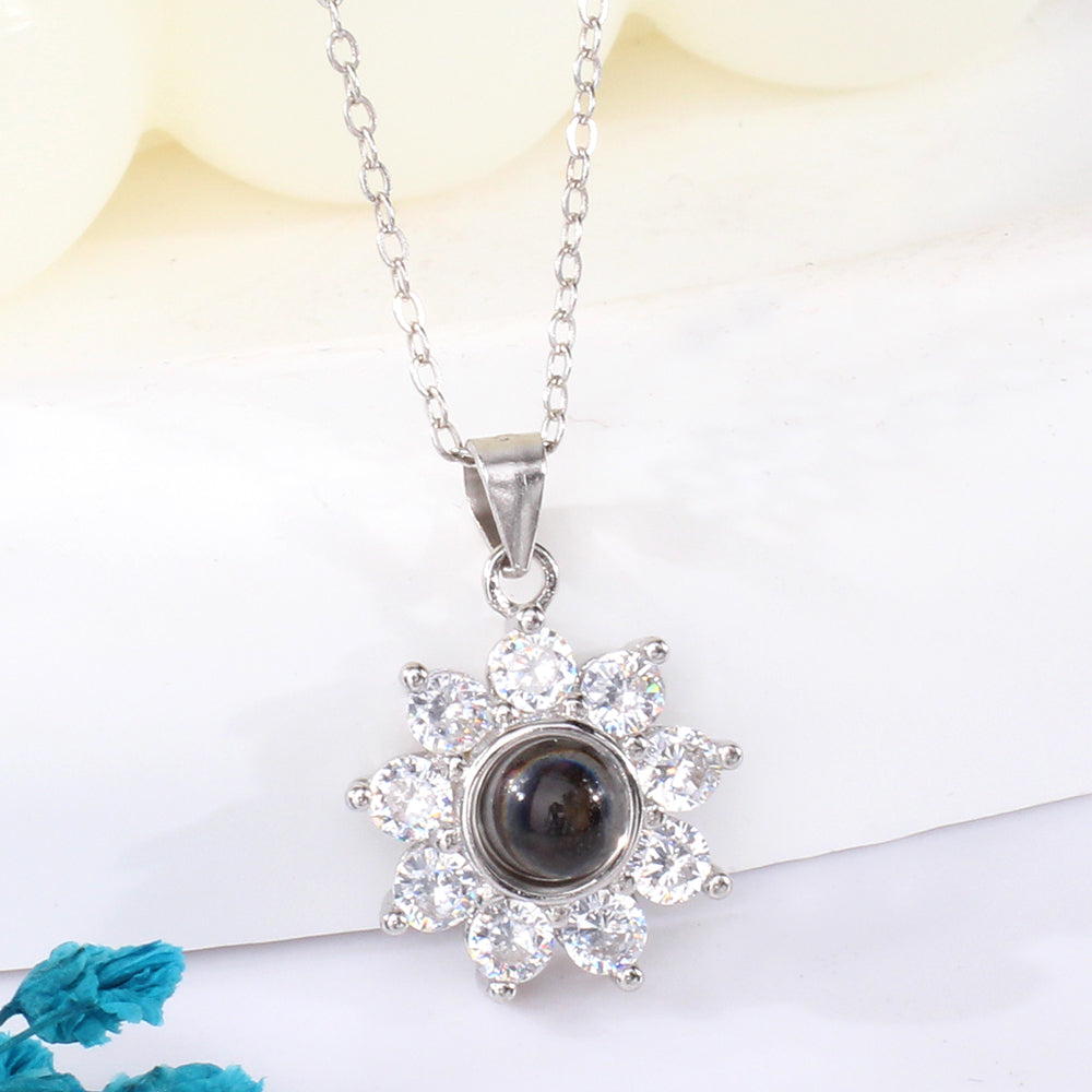 Sterling silver Personalized custom photo necklace - Pendant of zircon sunflower, a gift for her