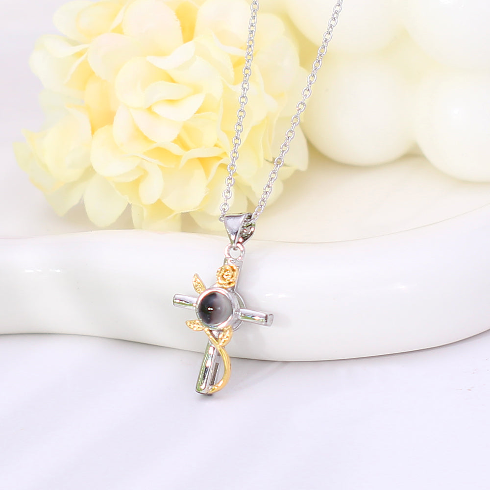 925 Silver Personalized Photo Necklace - Elegant Classic Style Cross Wrapped with Golden Rose Vine and Rose Pendant.