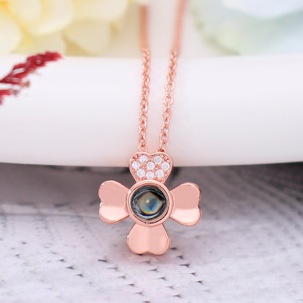 Personalized 925 Silver Photo Projection Necklace - Custom Heart Clover Pendant Necklace for Memory Gifts