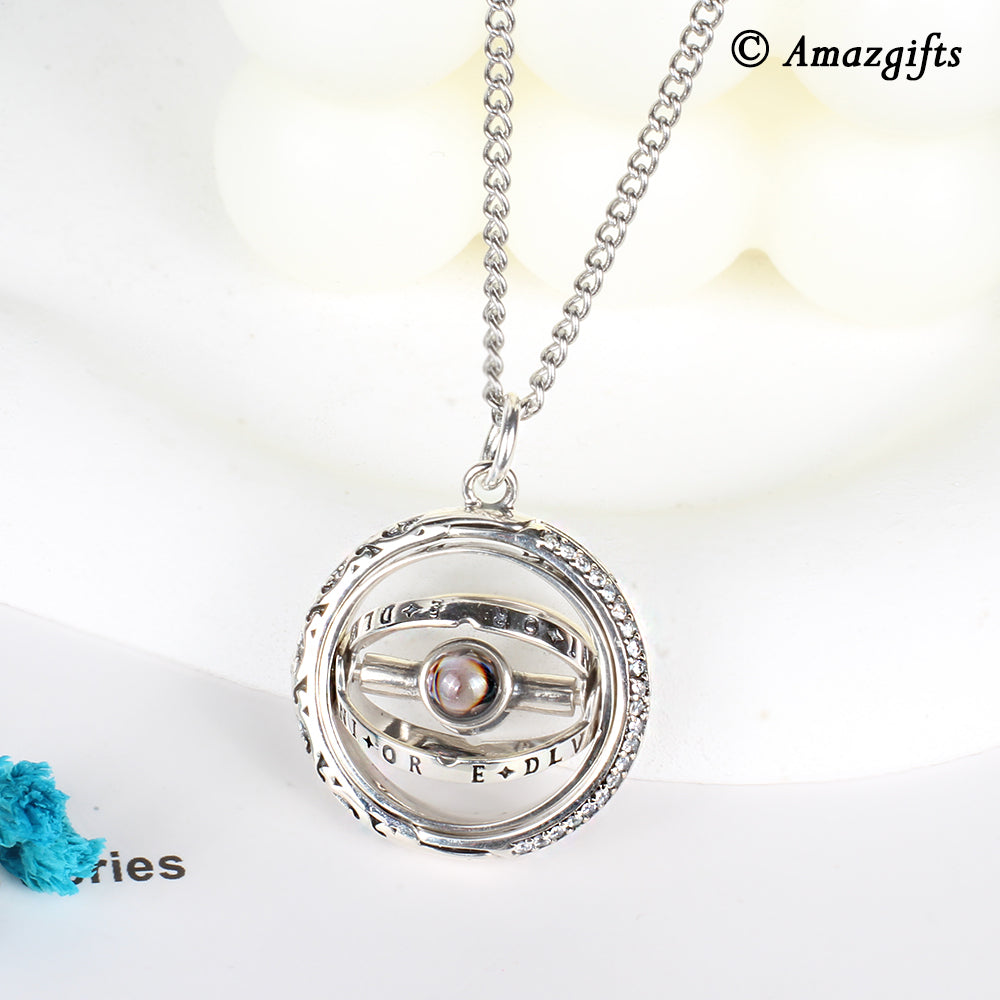 Silver Custom Projection Necklace with Photo Inside - Armillary Sphere Ring Space Rotating Transformable Pendant,Memory Gift