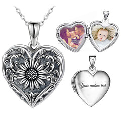 925 Silver Personalized Locket Necklace with Photo - Openable Heart Pendant with Daisy Pattern, Double-Sided Photo Customization, Perfect Christmas Gift for Girlfriend, Wife, or Mother