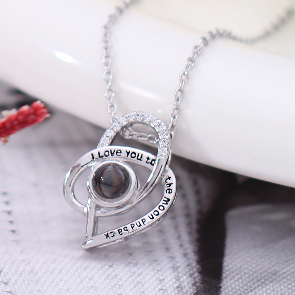 925 Silver Custom Heart Necklace with Picture - Interwoven Heart Pendant with 'I Love You to the Moon and Back' Engraving