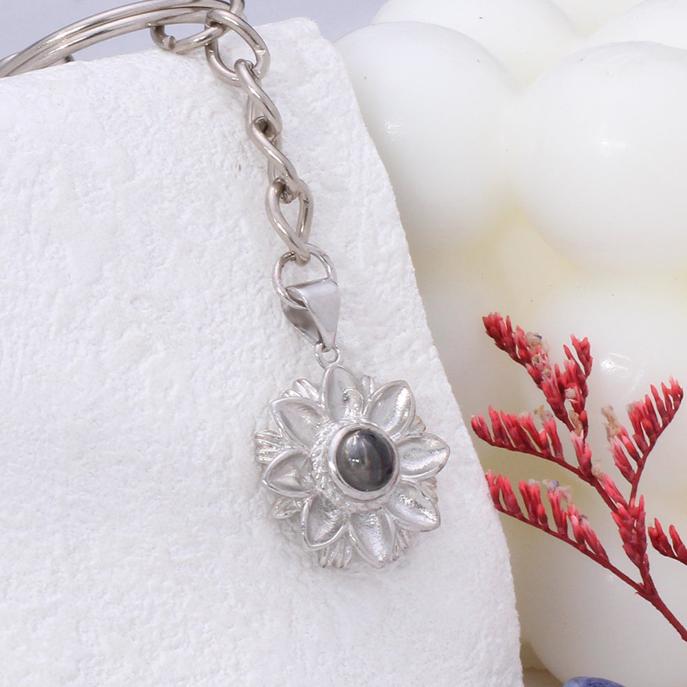 Custom Photo Projection Keychain - Silver Lotus Flower Pendant with Picture Inside for Memory Gifts