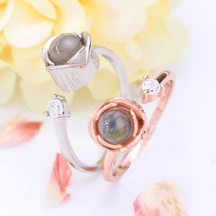 925 Silver Personalized Photo Ring - Open Rose Ring with Picture and Words, Zirconia - Couple Gift