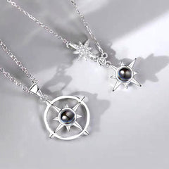 Custom Silver Couple Necklaces with Photo & Words Inside - Eight-Pointed Star Compass Pendant, Anniversary Gift for Lover BFF