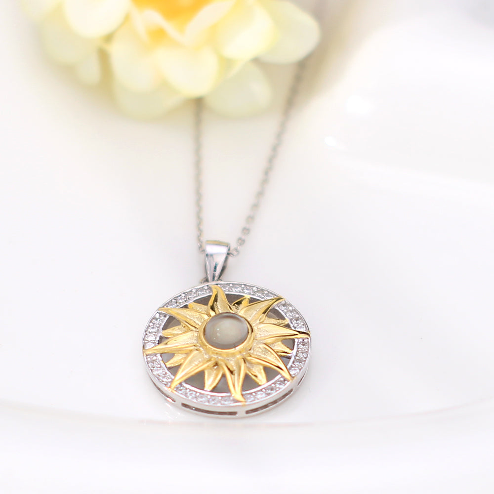 Personalised Memory Necklace with picture - 925 Silver Art Deco Style Golden Sun Pendant in Zirconia Ring