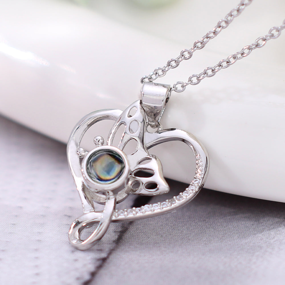 Romantic Style Custom Heart Necklace with Photo - Personalized Photo Projection Silver Butterfly Heart Pendant.