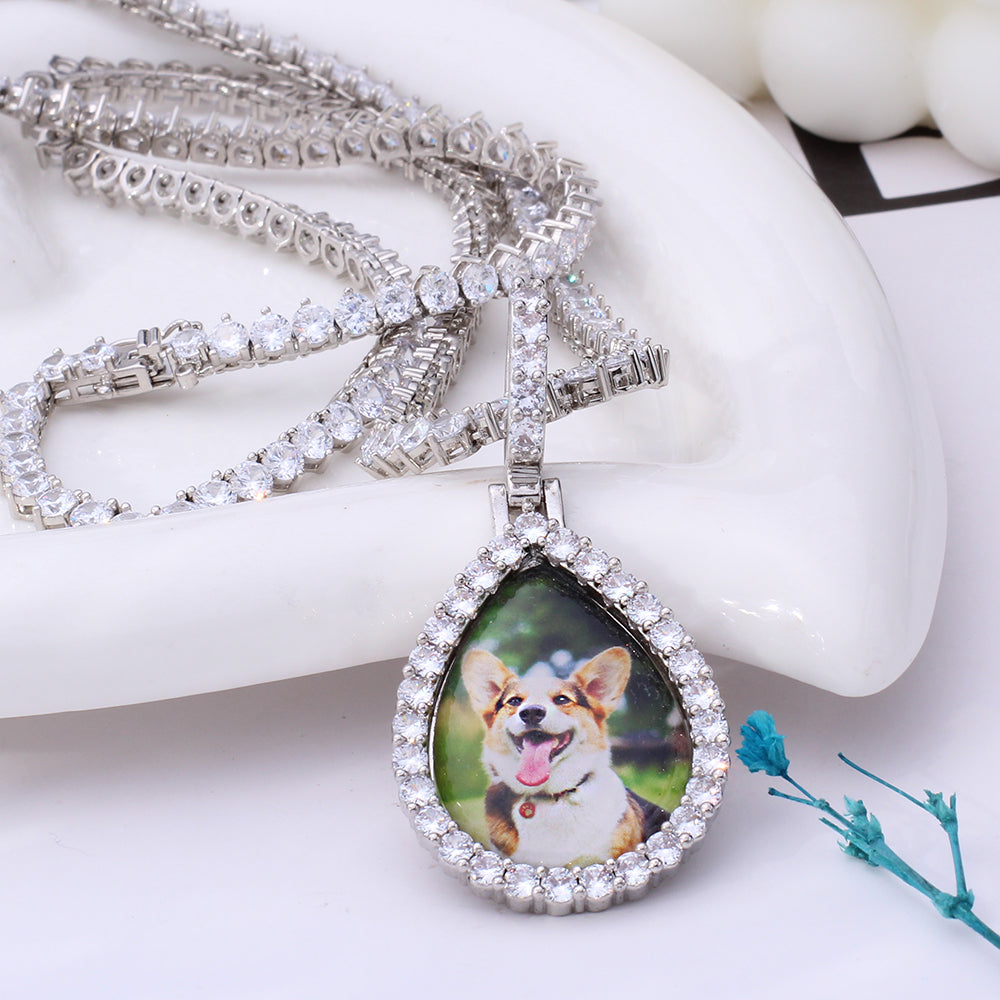 Personalized Photo Necklace - Teardrop Pendant with Zircon Border, Custom Picture Medallion, Perfect Gift for Him and Her