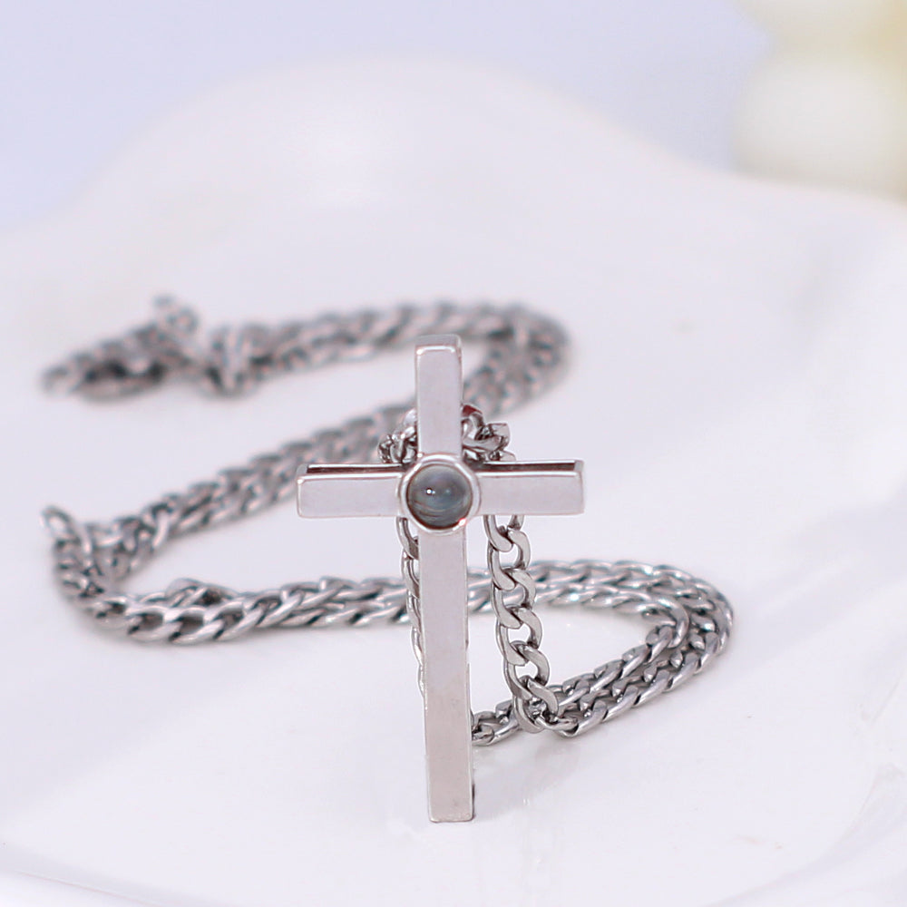 925 Silver Personalized Photo Projection Necklace - Minimalist Cross Pendant for Men