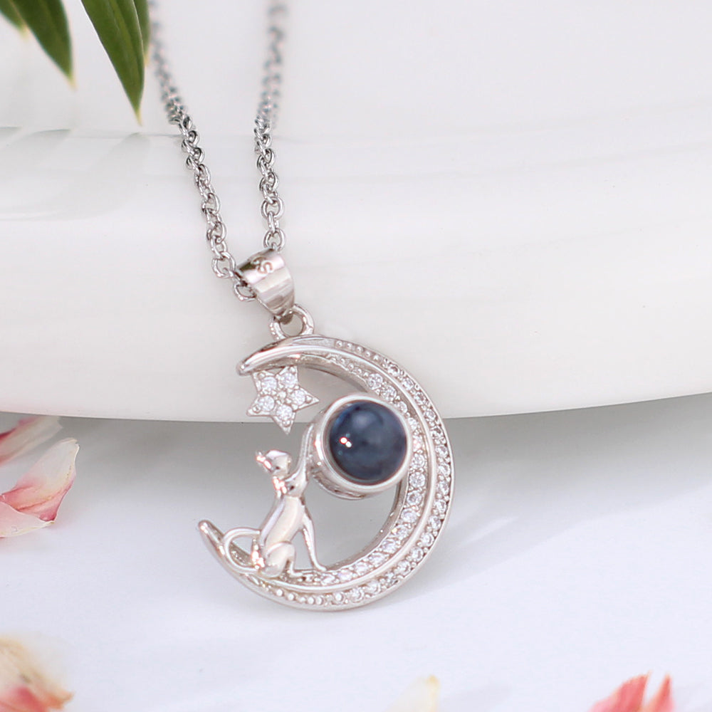 925 Silver Personalized Photo Projection Necklace for Women - Elegant Cats in Moon & Stars Pendant, a Gift for Cat Lovers