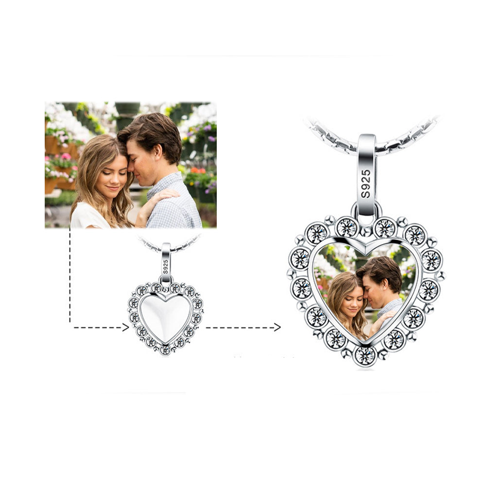 925 Silver Personalized Necklace with Photo - Heart Pendant with Cubic Zirconia Border, Custom Text on Back, Perfect Holiday Gift for Girlfriend, Wife, or Mother