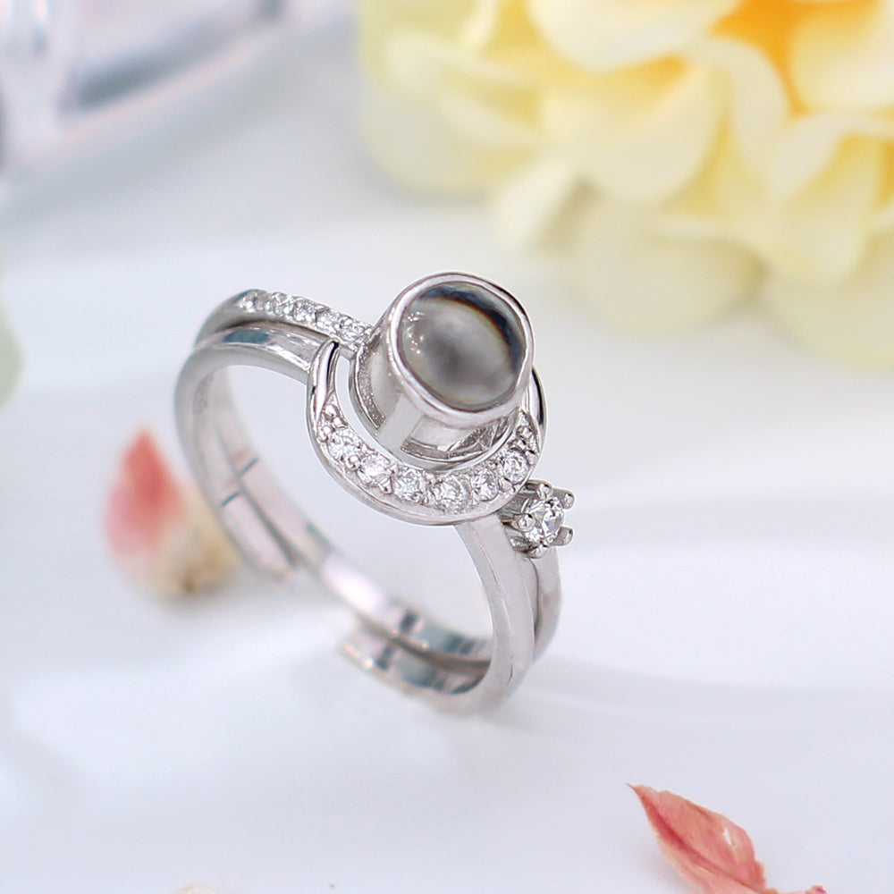 925 Silver Personalized Ring with Photo - Sun Moon Open Partner Ring with Engraving for Couples