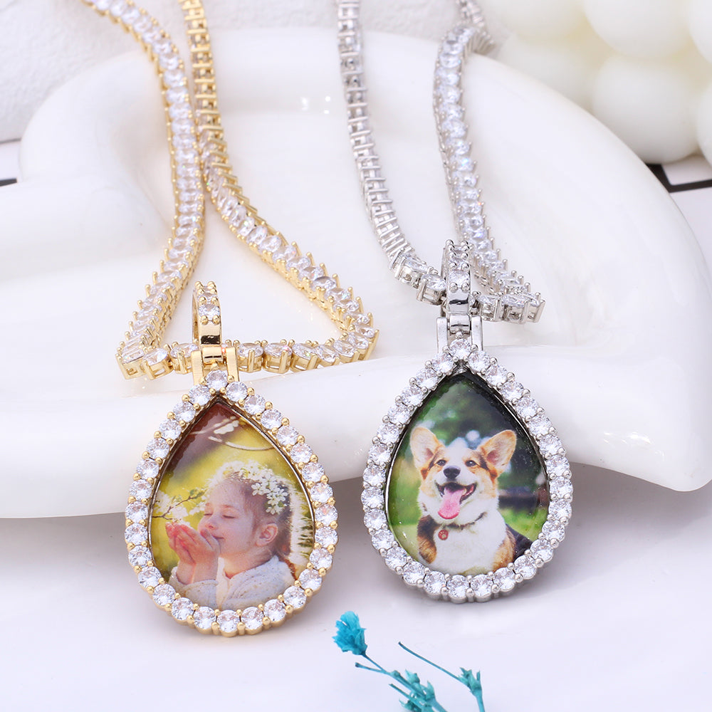 Personalized Photo Necklace - Teardrop Pendant with Zircon Border, Custom Picture Medallion, Perfect Gift for Him and Her