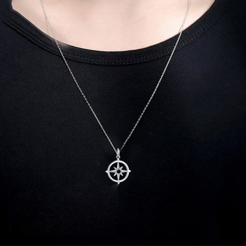 Custom Silver Couple Necklaces with Photo & Words Inside - Eight-Pointed Star Compass Pendant, Anniversary Gift for Lover BFF