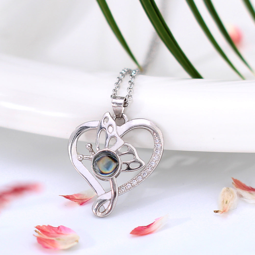 Romantic Style Custom Heart Necklace with Photo - Personalized Photo Projection Silver Butterfly Heart Pendant.