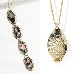 Custom Oval Photo Locket Necklace Expands to Hold 4 Photos with Flower Engraving,Personalized Jewelry for Her