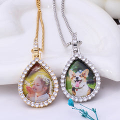 Personalized Photo Necklace - Teardrop Pendant with Zircon Border, Custom Picture Medallion, Perfect Gift for Him and Her