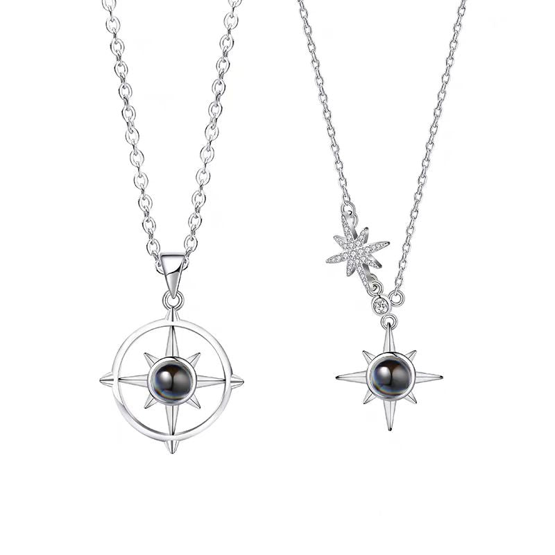 Custom Silver Couple Necklaces with Photo & Words Inside - Eight-Pointed Star Compass Pendant, Anniversary Gift for Lover BFF