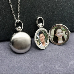 925 Silver Brushed Finish Round Locket Necklace – Custom 2 Photos & Text, Choose Chain Style and Length, Personalized Gift for Women Men