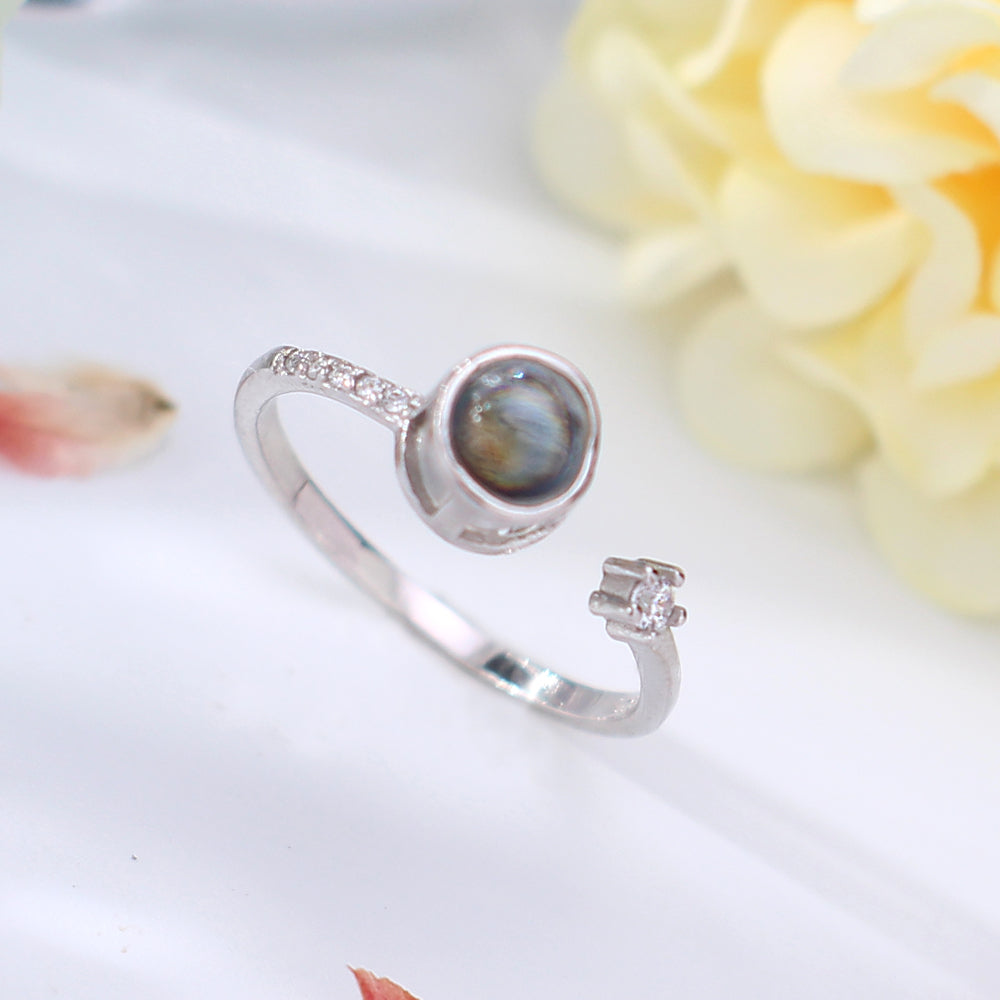 925 Silver Personalized Ring with Photo - Sun Moon Open Partner Ring with Engraving for Couples