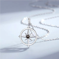 Custom Silver Couple Necklaces with Photo & Words Inside - Eight-Pointed Star Compass Pendant, Anniversary Gift for Lover BFF