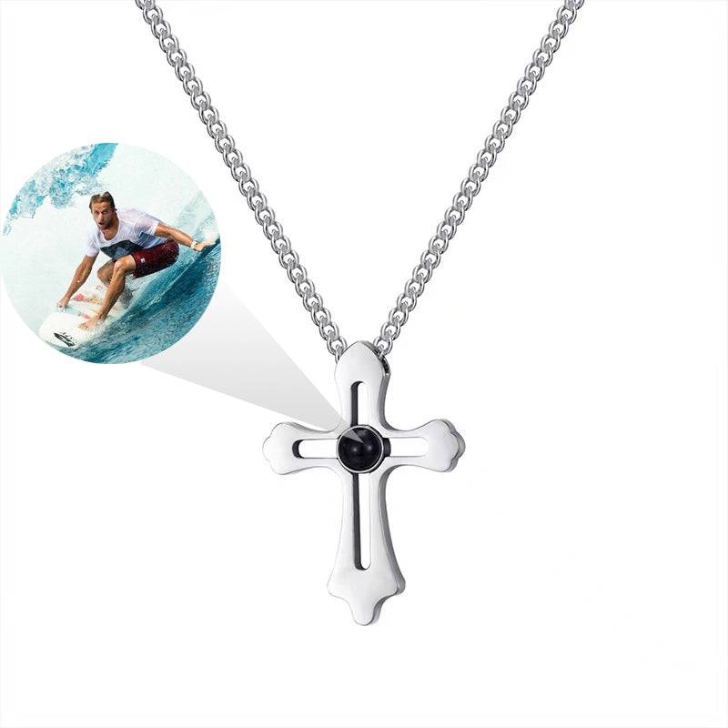 Personalized and custom photo necklace with a photo - A lucky necklace with a silver three-leaf clover cross pendant, a gift for mans.