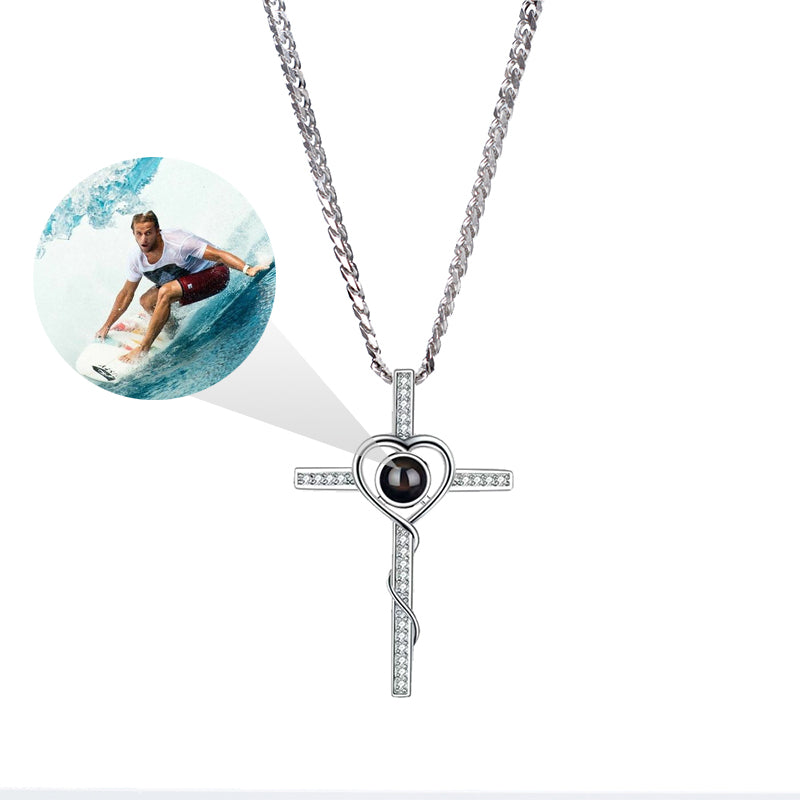 925 Silver Personalized Photo Projection Necklace - Elegant Classic Heart Cross Pendant with Photo, Perfect Gift for Her