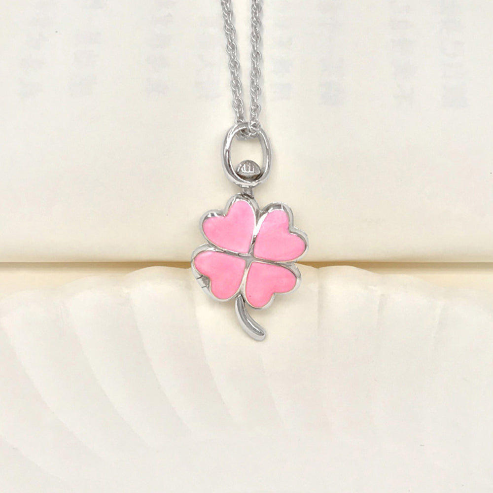 925 Sterling Silver Pink Enamel Four-Leaf Clover Photo Locket Necklace - Holds 2 Photos & Text,Elegant Gift for Her