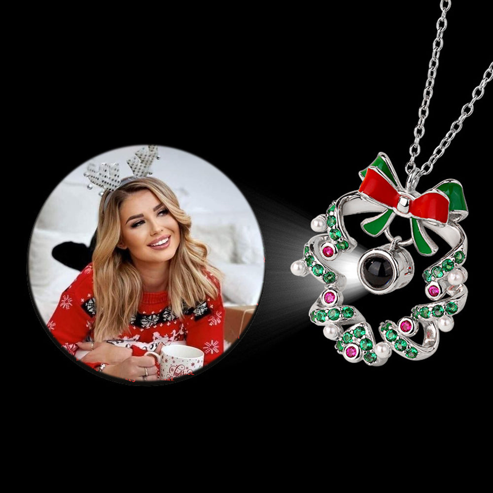 Custom Photo Necklace with Picture and Text Inside - Red Green Pearl Zircon Bow Wreath, Personalized Christmas Party Jewelry Gift